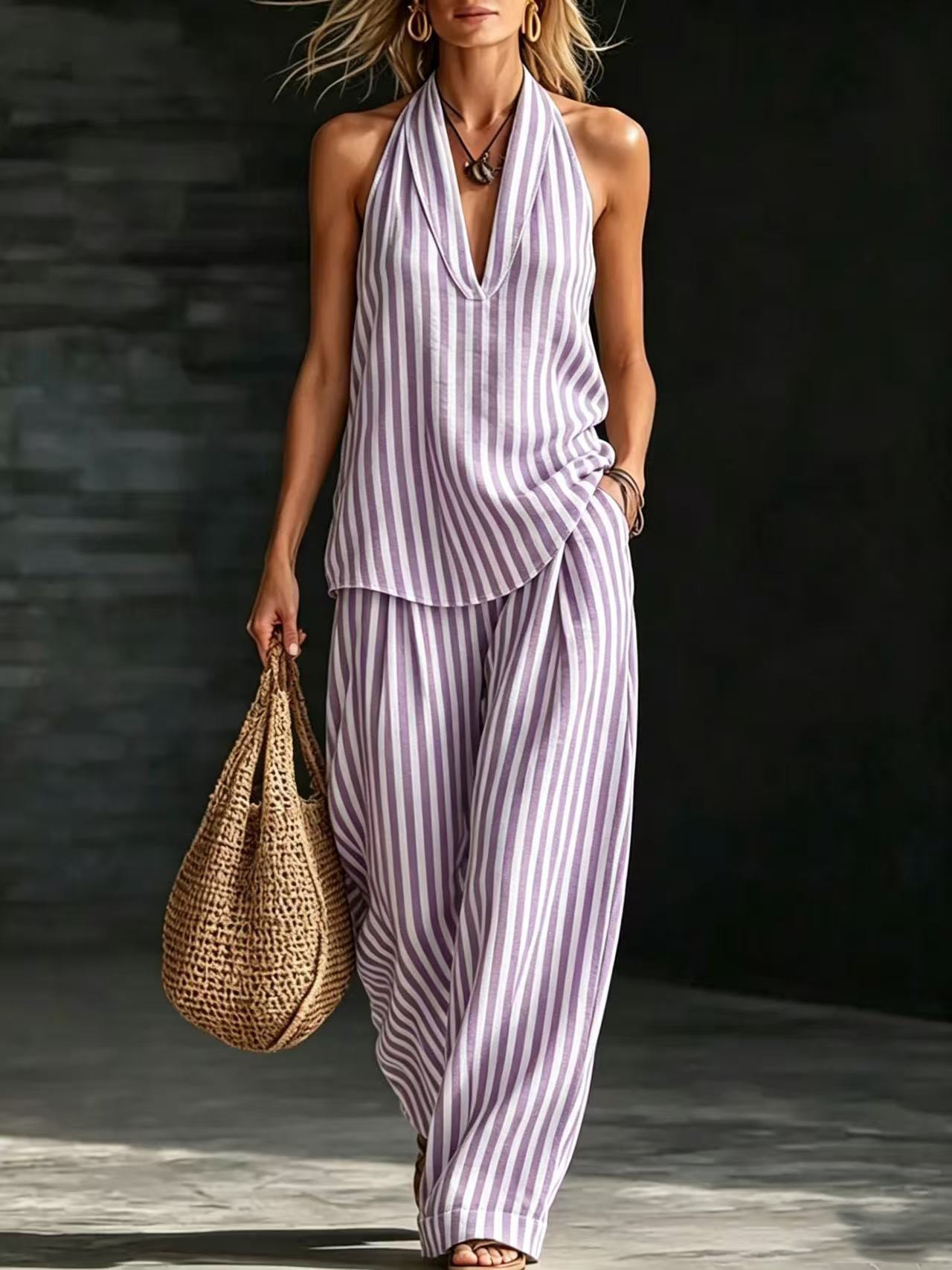 Striped Wide-Leg Pants Two-Piece Set Sleeveless Vest Women's