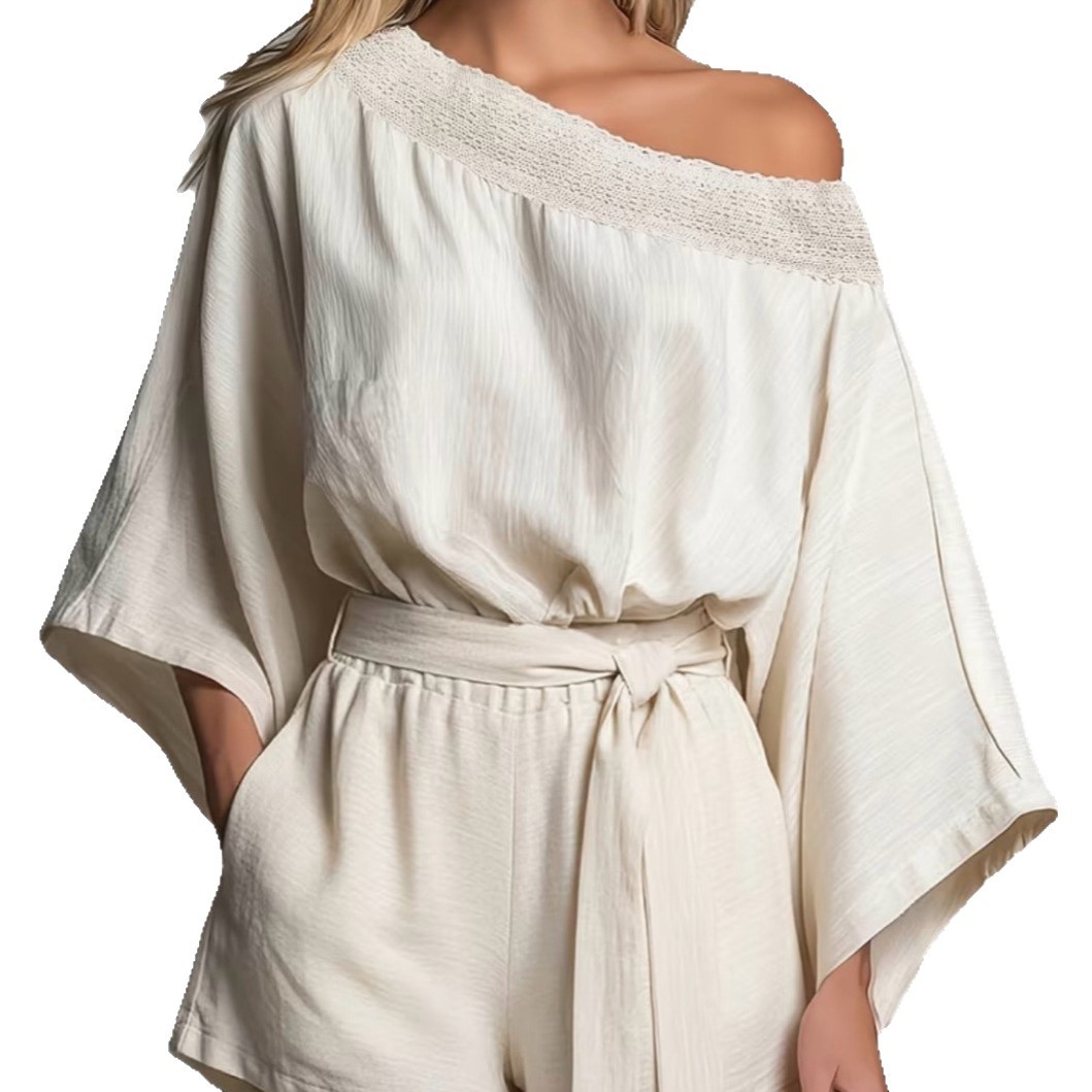 Solid One-Shoulder Long-Sleeve Top and Shorts Two-Piece Set
