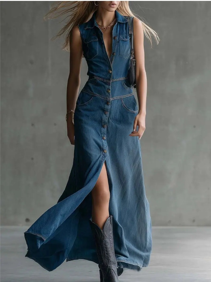 Women's Denim Solid Color Sleeveless Long Dress with Collar