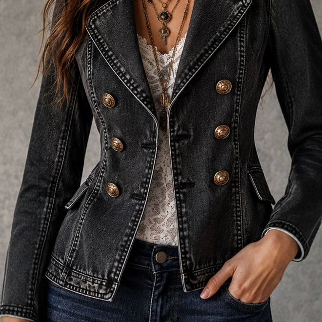 Retro Washed Denim Double-Breasted Collared Jacket