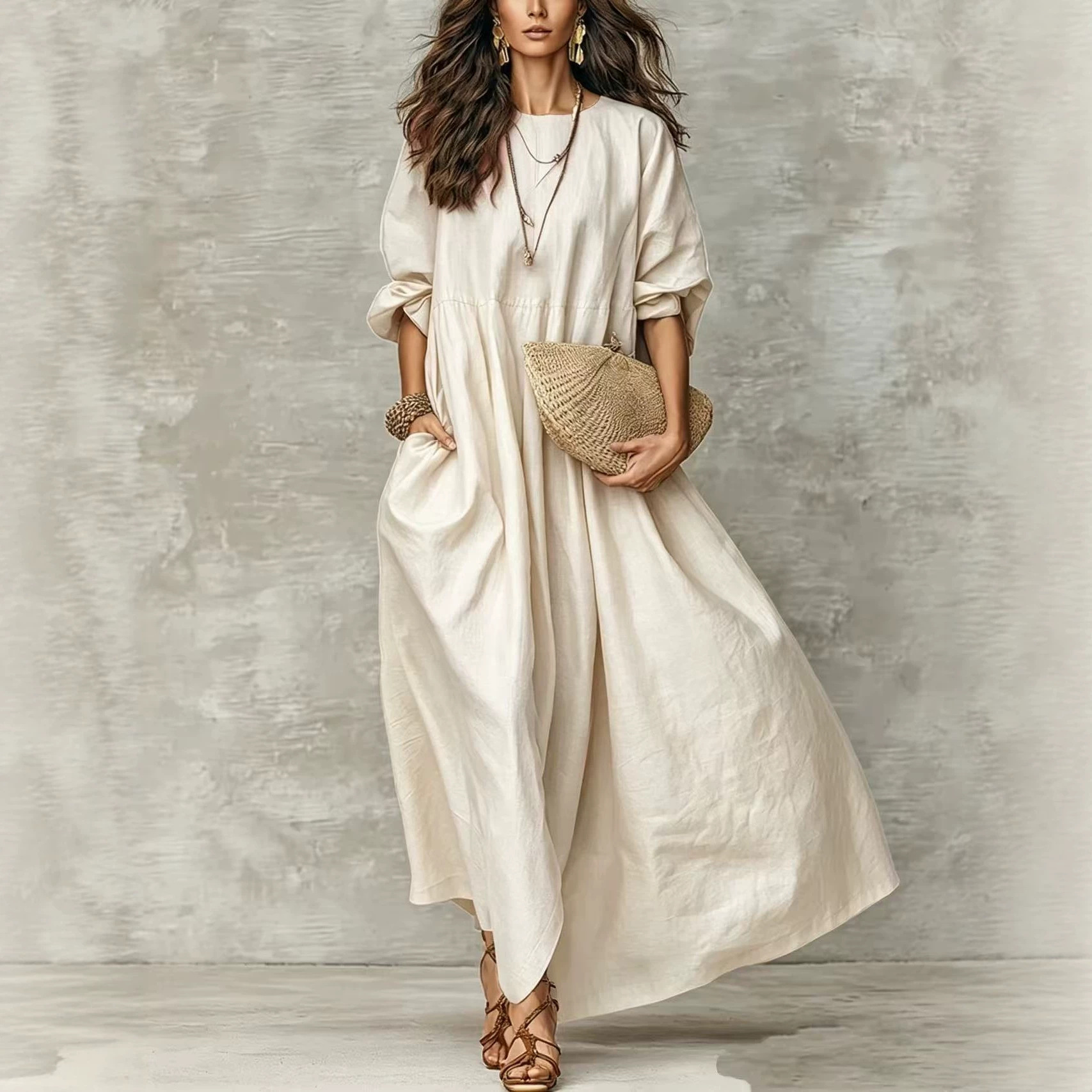 Crewneck Long Sleeve Loose A-Line Midi Dress with Pockets