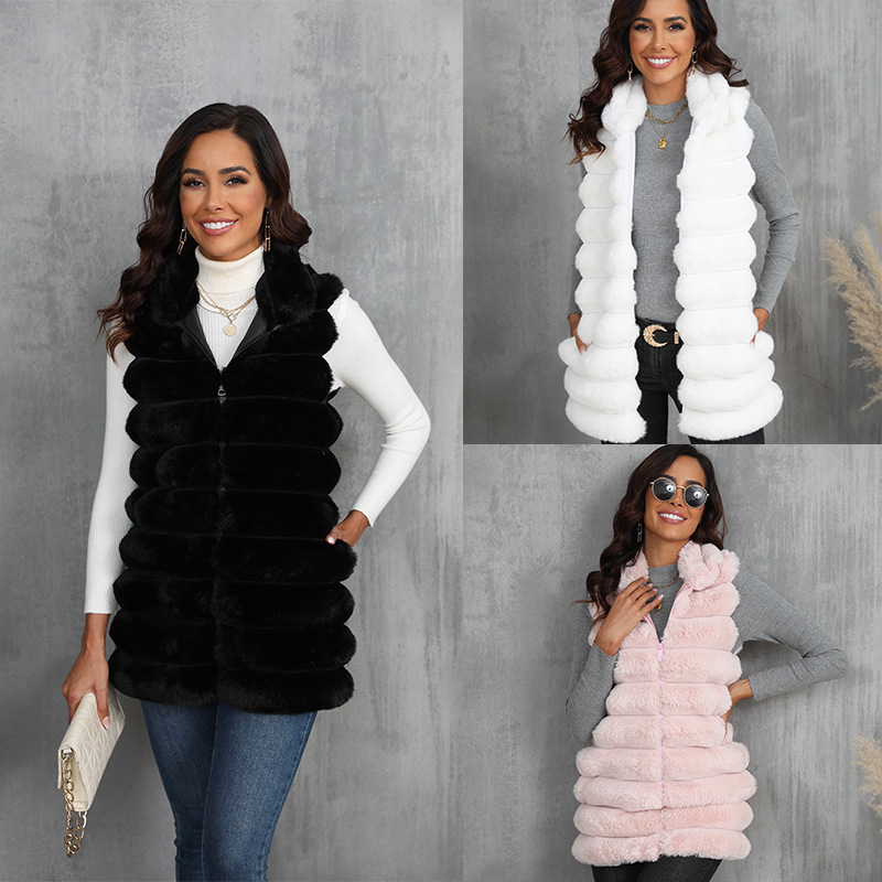 Women's Faux Fur Vest Mid-Long Zip-Up Slim Fit Plus Size