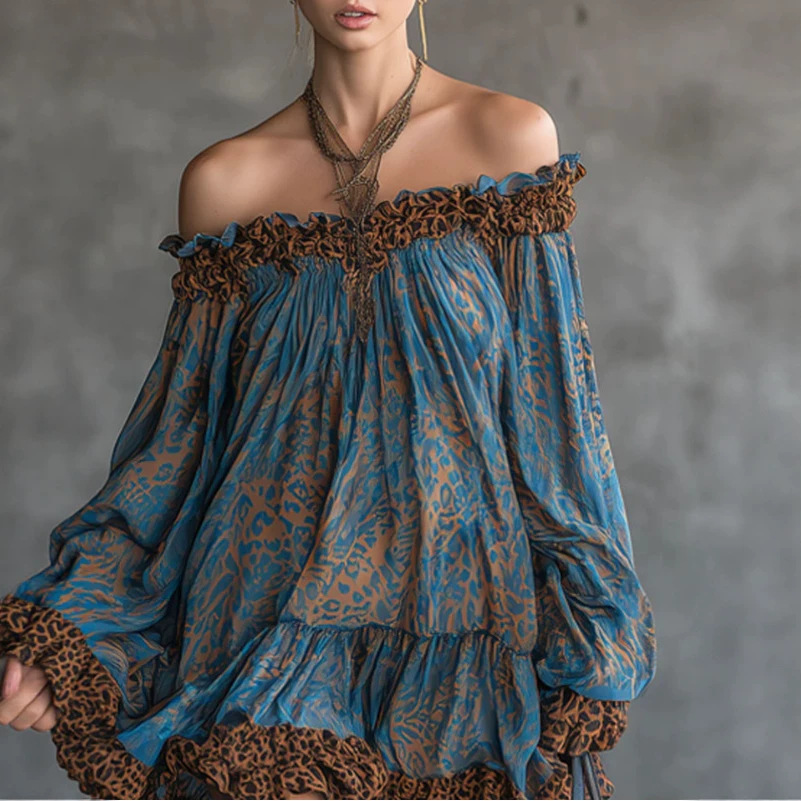 Elegant Vintage Leopard Print Blue Long-Sleeve Mini Dress