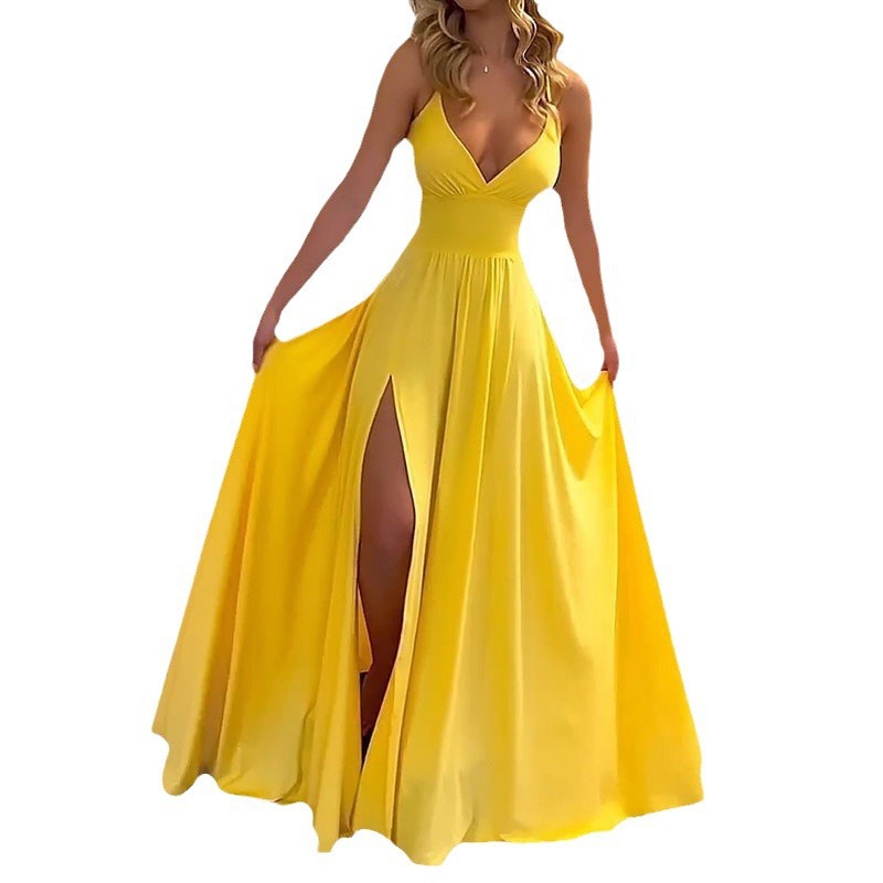 Women's Sleeveless V-Neck Open Back Tie Slit Midi Dress