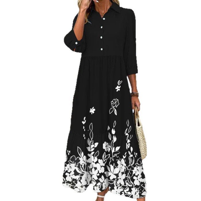 Digital Print Button Collar 3/4 Sleeve Pleated Maxi Dress