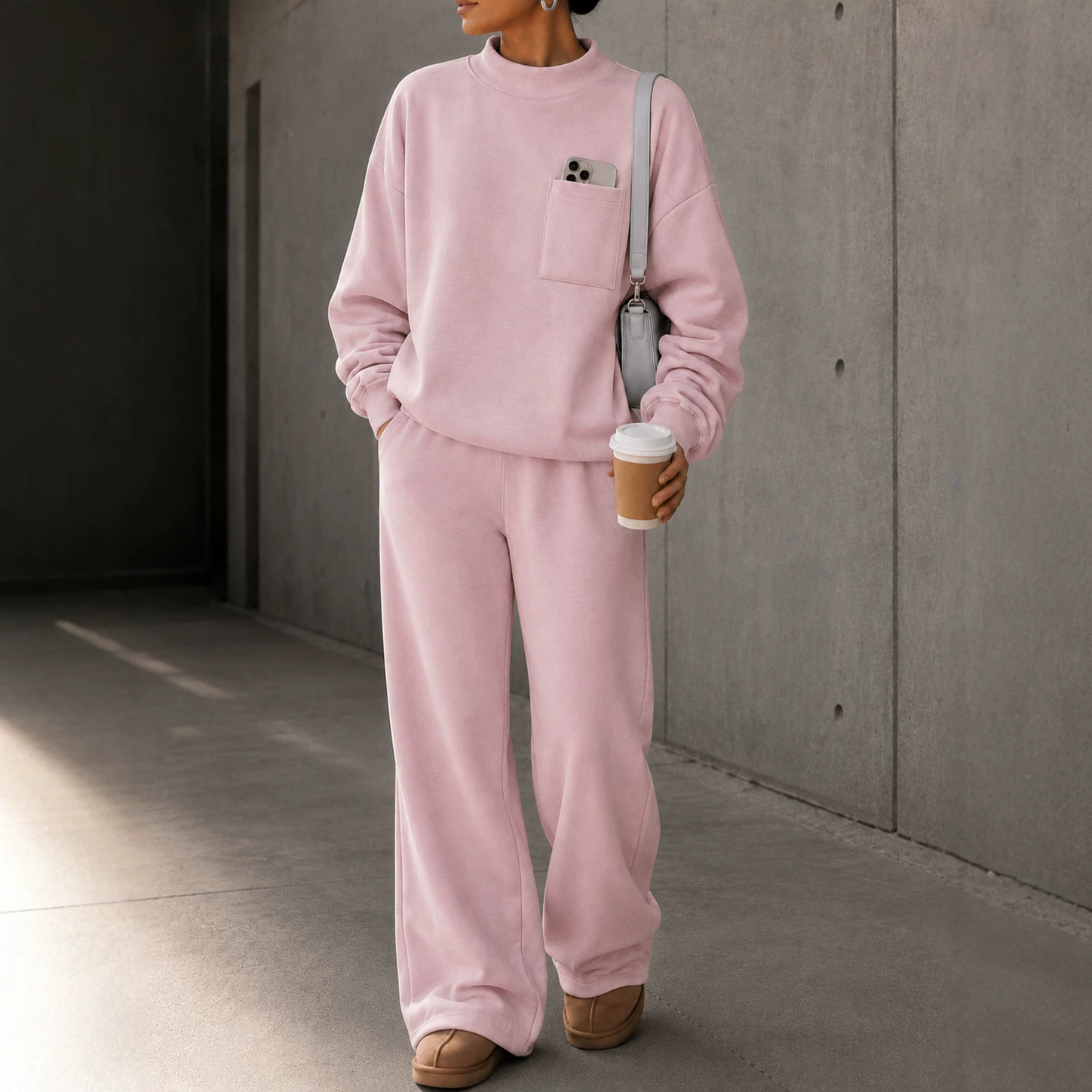Women's Loose Stand Collar Sweatshirt & Wide-Leg Pants Set Solid Color Casual Sportswear