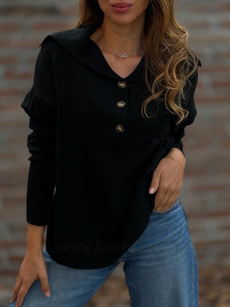 Button-Front Collared Loose Long-Sleeve Solid Sweater