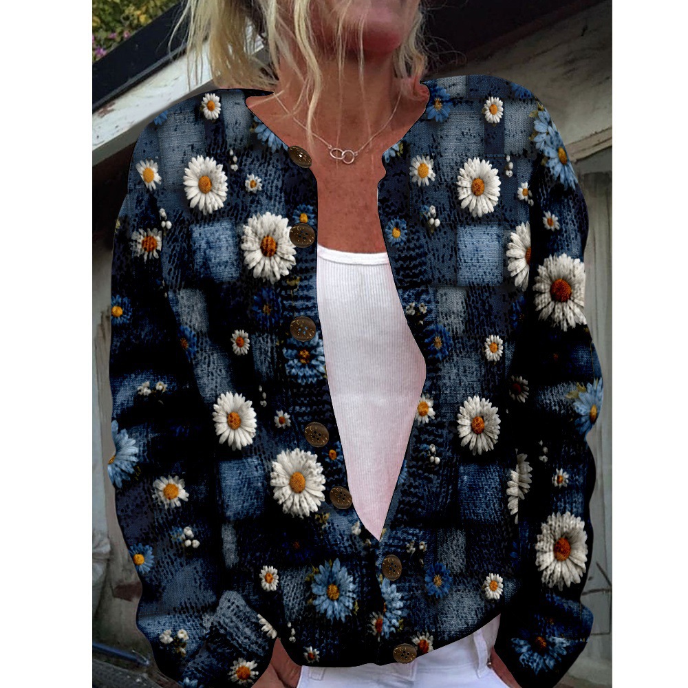 Women's Plaid Floral Print Button-Down Cardigan Sweater