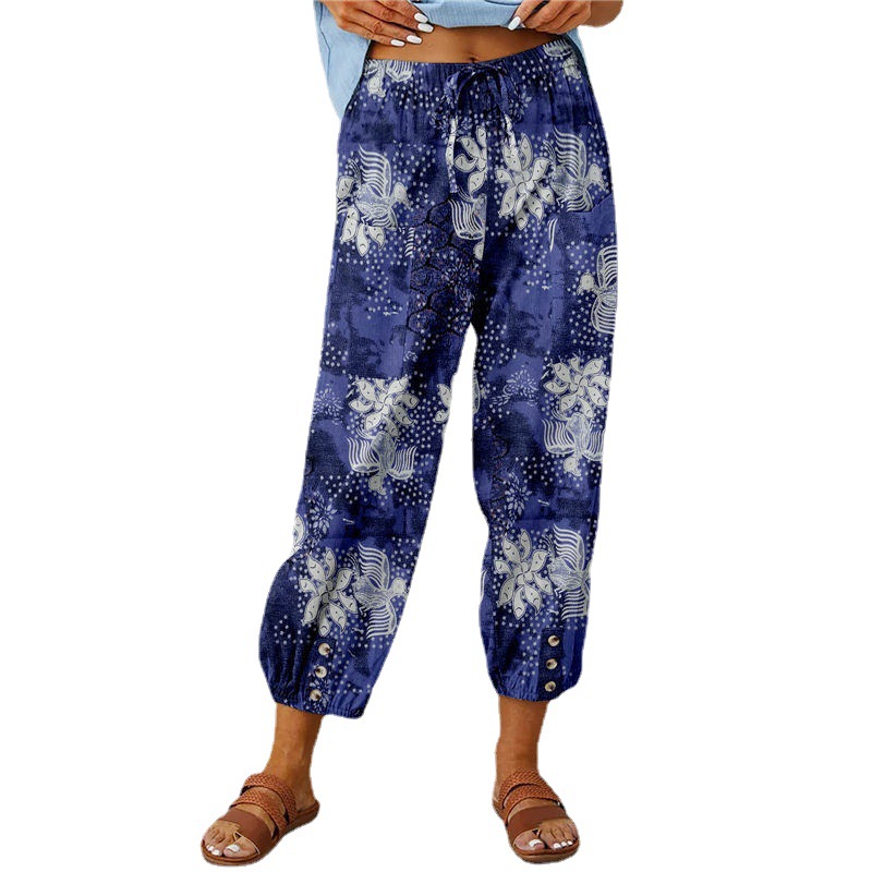 Cotton-Linen High-Waist Drawstring Cropped Pants with Vintage Print