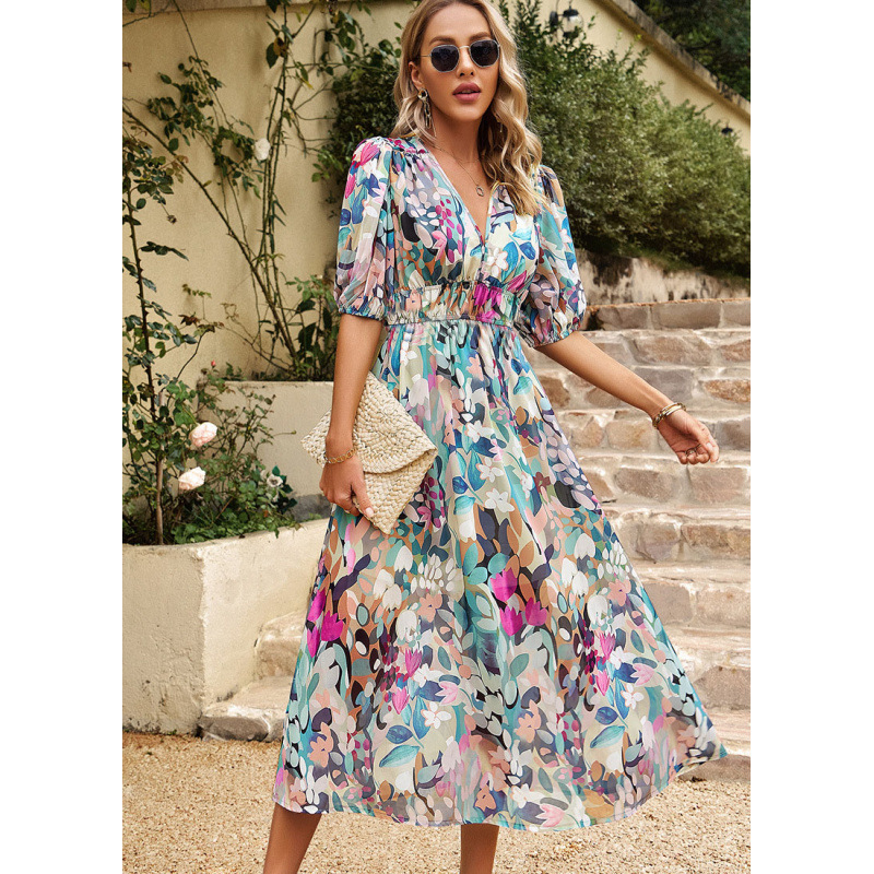 V-Neck Chiffon Floral Print High-Waist Maxi Dress