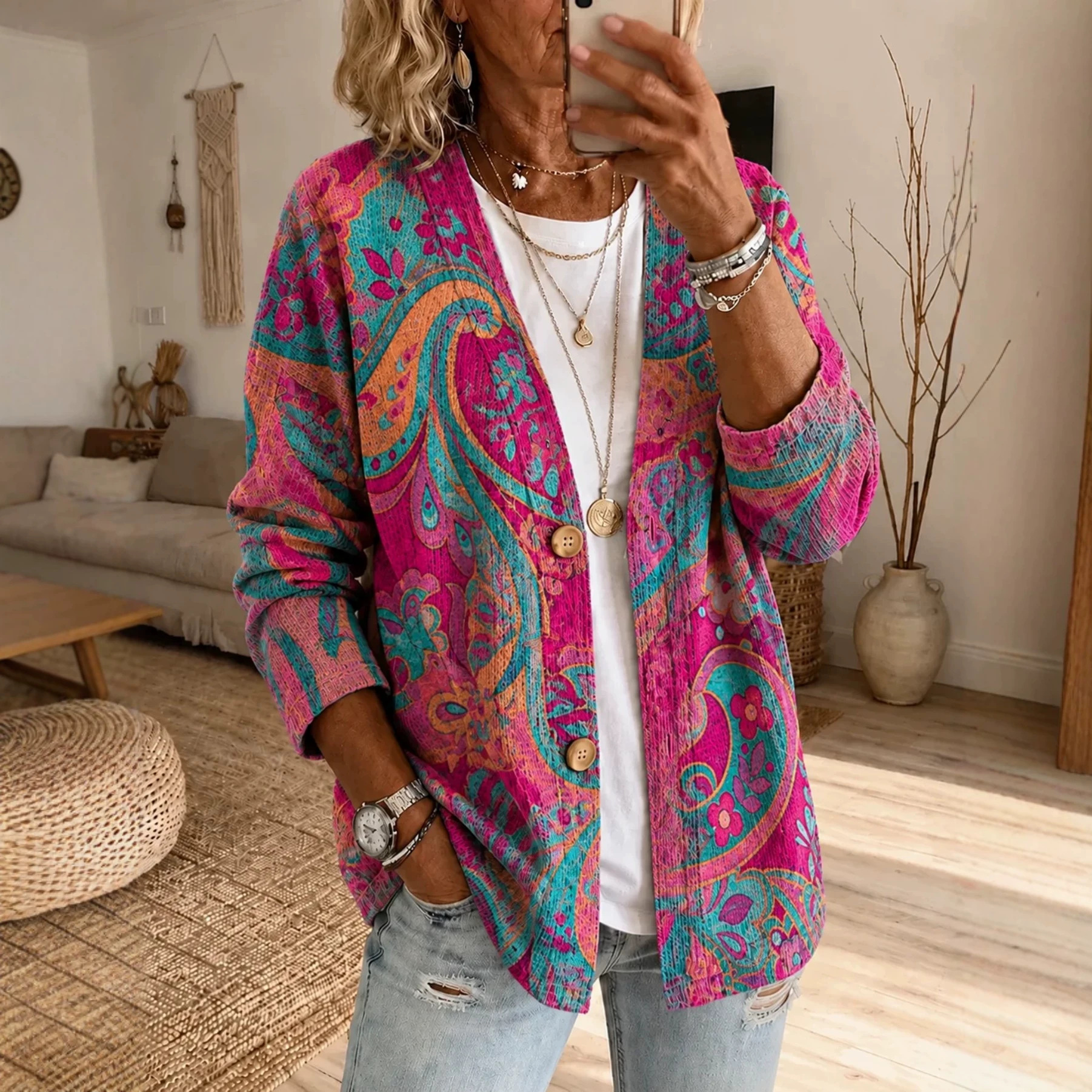 Women's Fall Printed Trench Coat Trendy Long Windbreaker