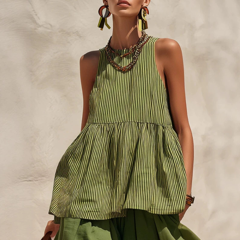 Retro Striped Top and Color-Block Wide-Leg Pants Set