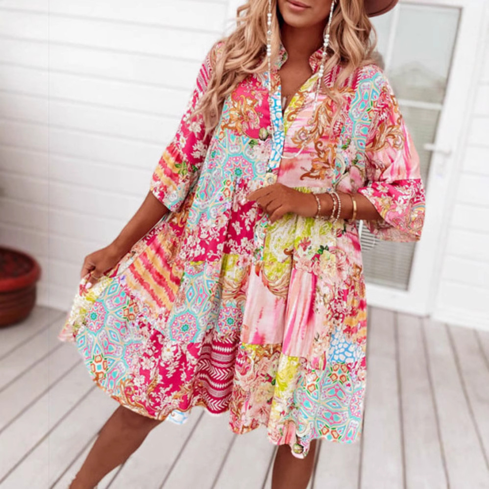 Women's V-Neck Button Print Midi Dress