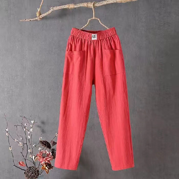 Women's Cotton Linen Straight-Leg Cropped Pants Casual Solid Color