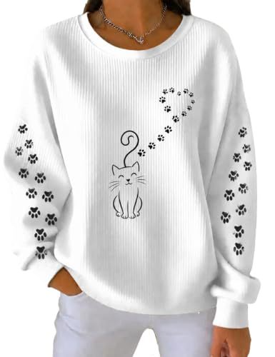 Women's Cat Tail Heart Paw Print Crewneck Sweatshirt