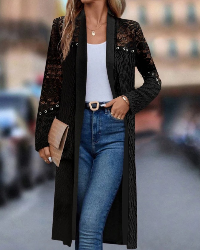 Women's Long Lace Hollow-Out Cardigan Coat Solid Color