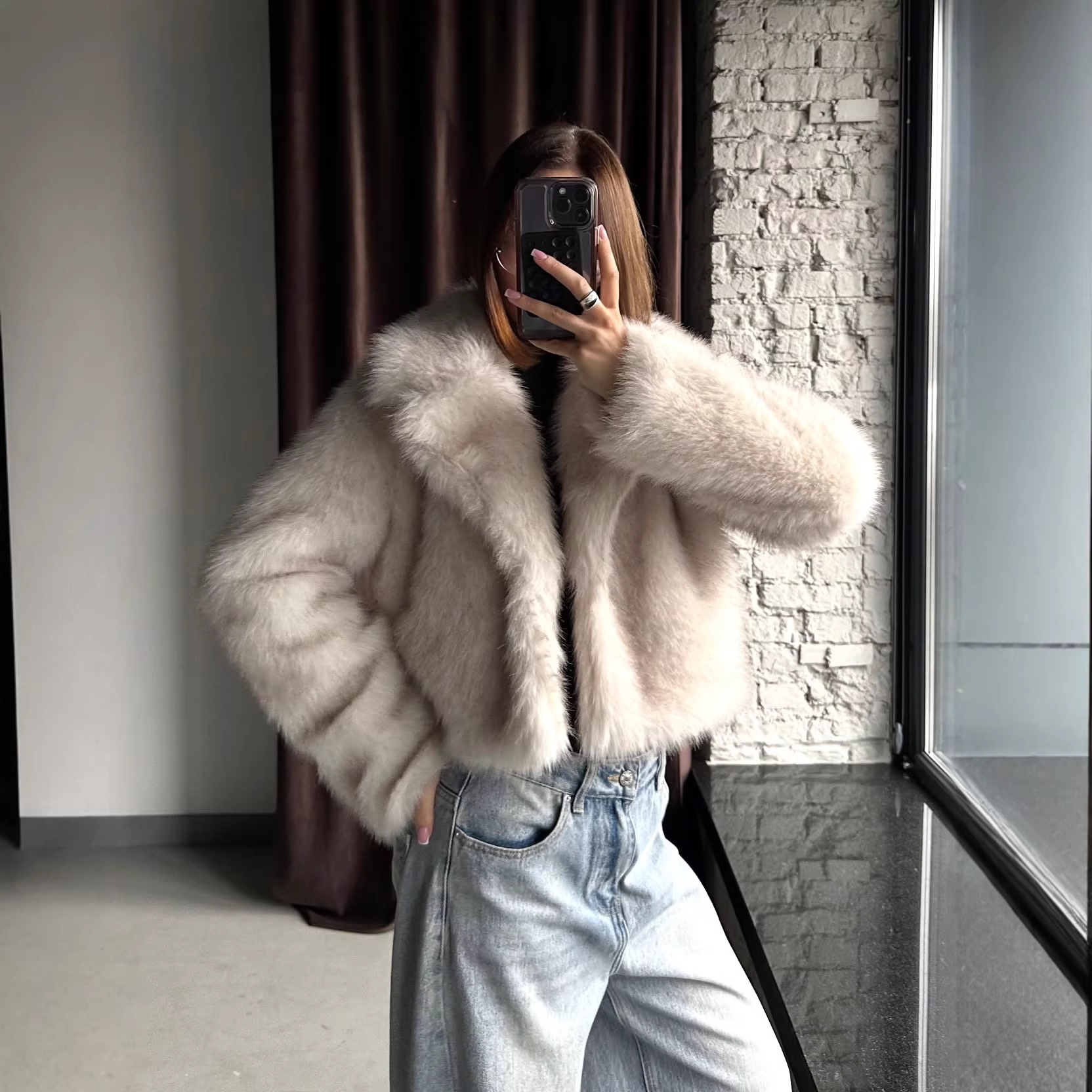 Faux Fox Fur Short Coat with Blazer Collar