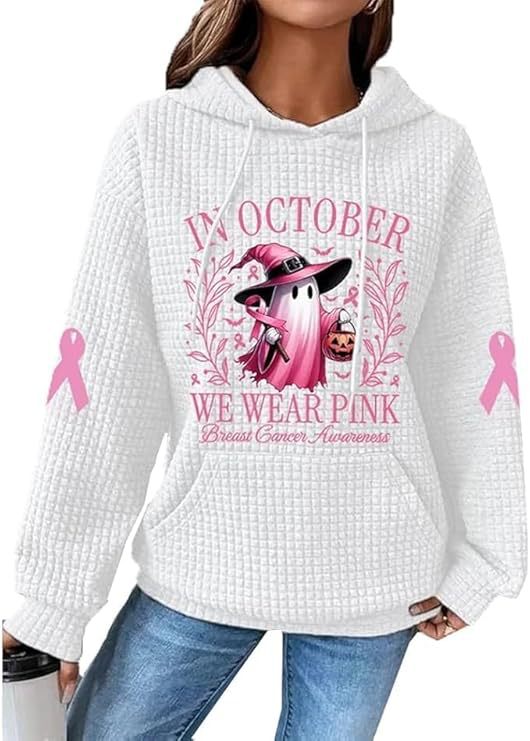 Women's Waffle Knit Hoodie with Cute Cartoon Ghost Print