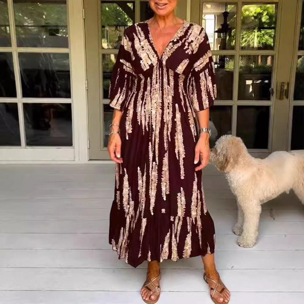 Women's Summer V-Neck Floral Print Bell Sleeve Maxi Dress