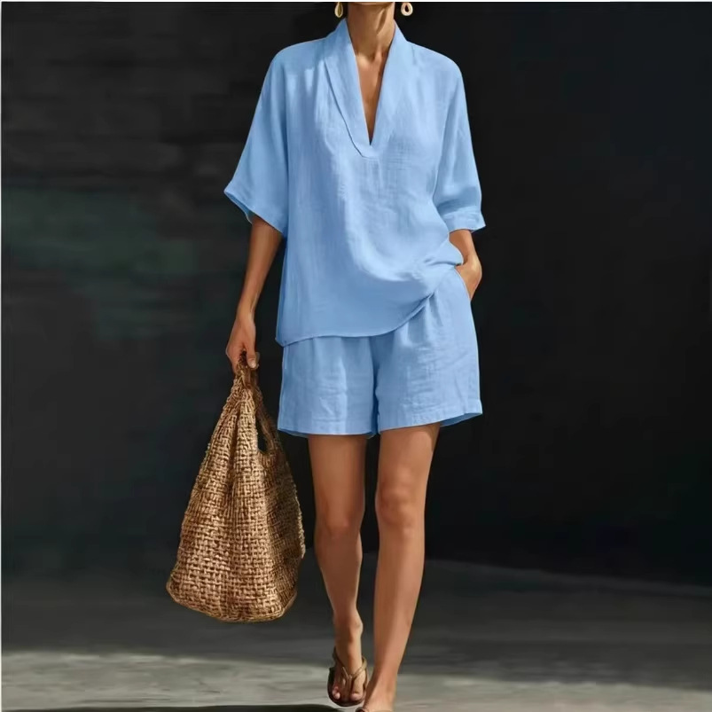 Women's Casual V-Neck Short Sleeve Two-Piece Set with Shorts