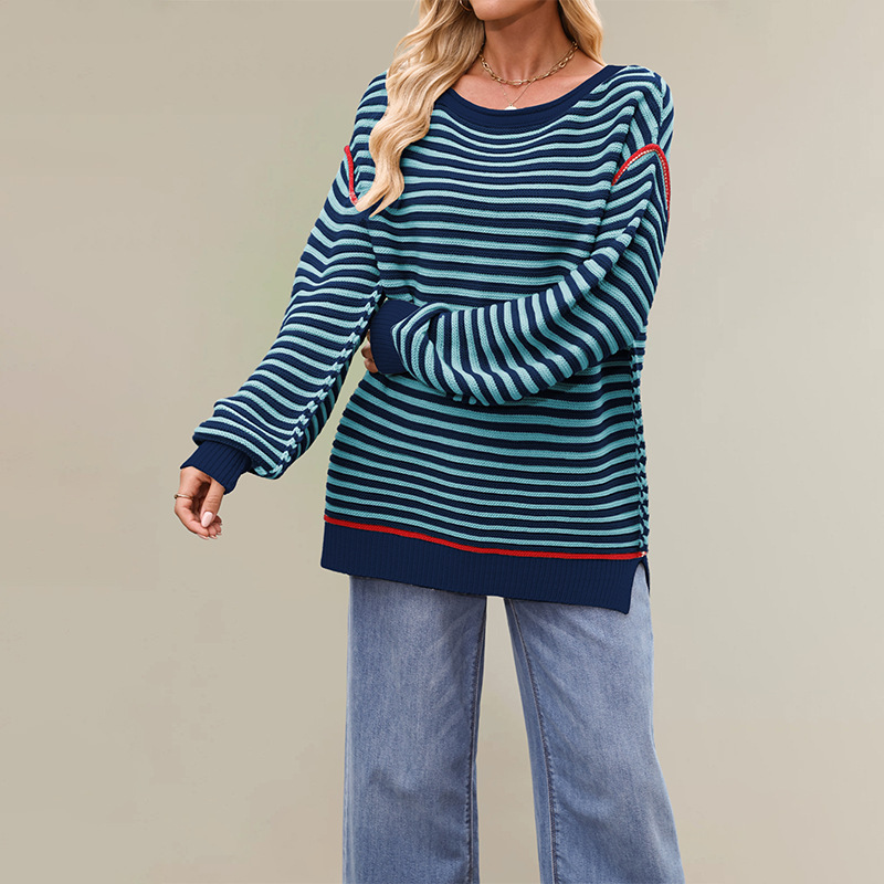 Striped Crewneck Pullover Sweater Loose Long Sleeve