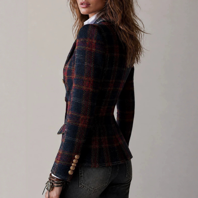 Double-Breasted Plaid Wool Blend Blazer with Lapel Collar