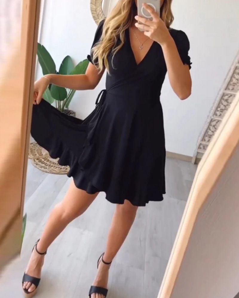 Women's Solid V-Neck Ruffle Short Sleeve Midi Dress
