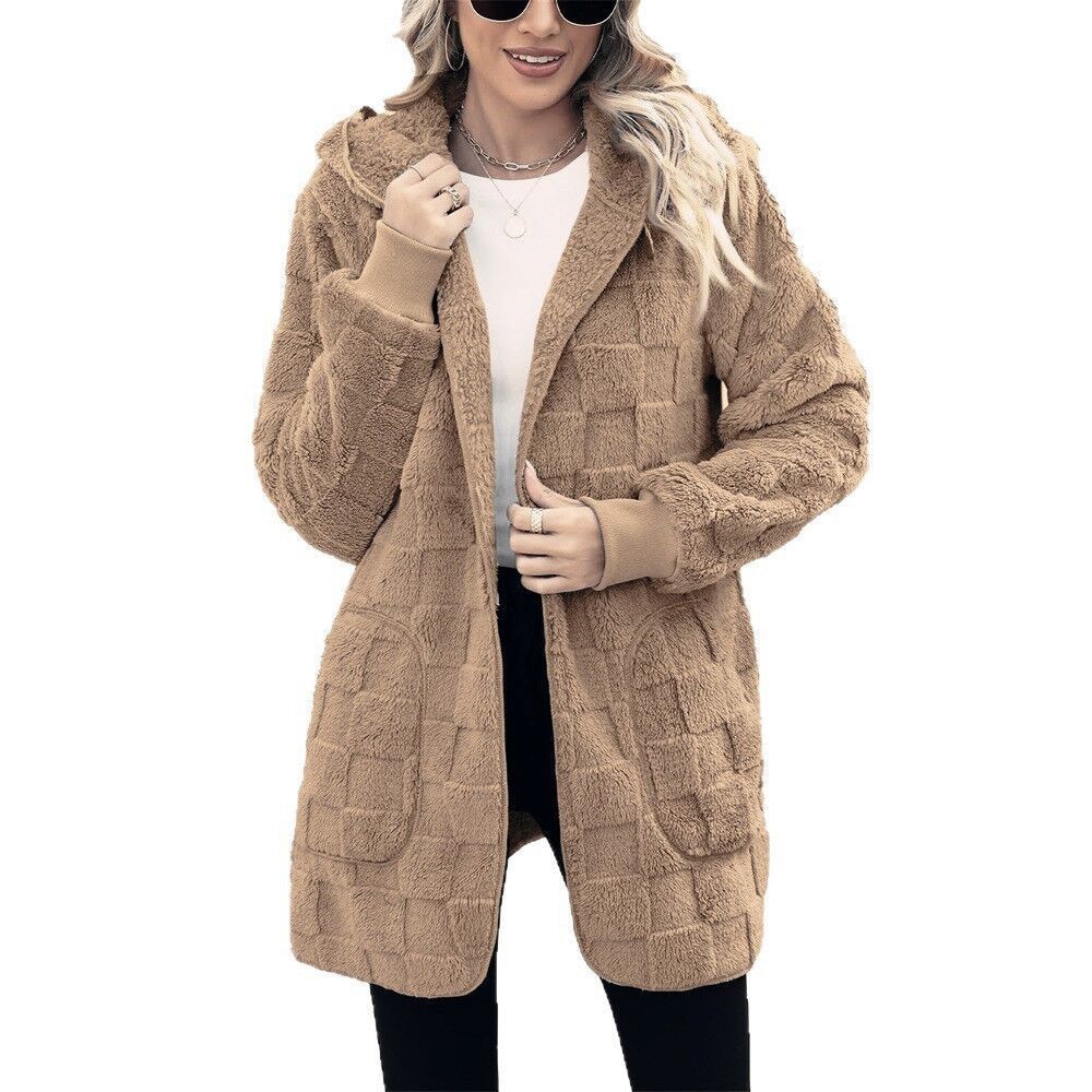 Plaid Fleece Cardigan Women's Fuzzy Open-Front Casual Jacket