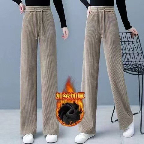 Fleece-Lined Corduroy Wide-Leg Pants High Waist Straight Drapey