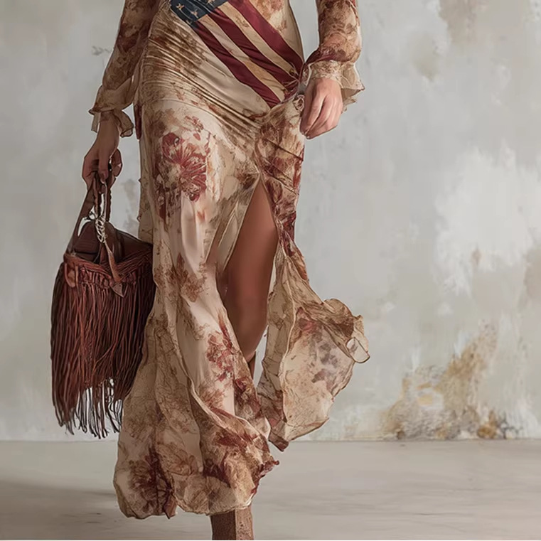 Boho Floral Long Sleeve Maxi Dress with Slit