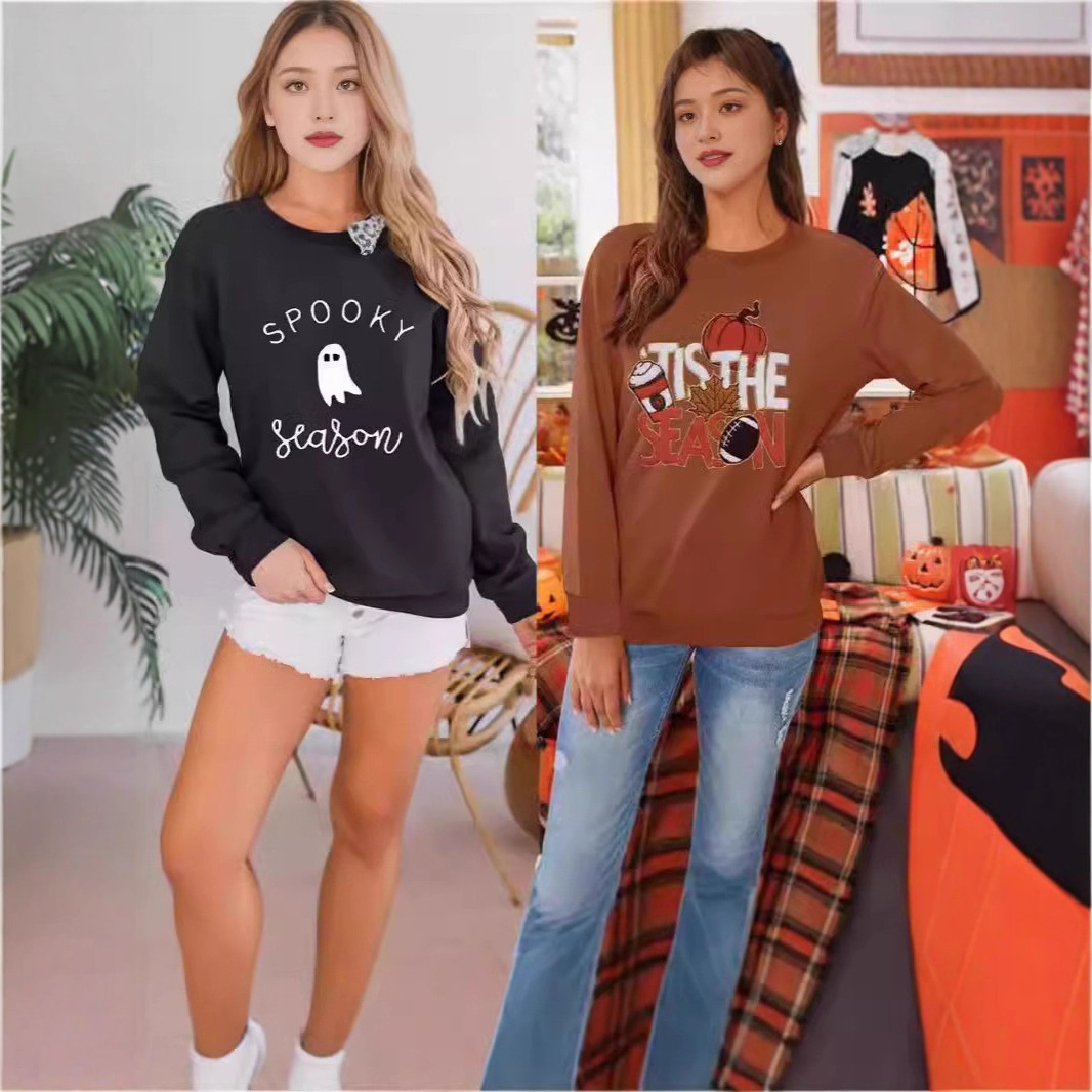 Halloween Letter Print Towel Embroidered Crewneck Long Sleeve Ribbed Sweatshirt