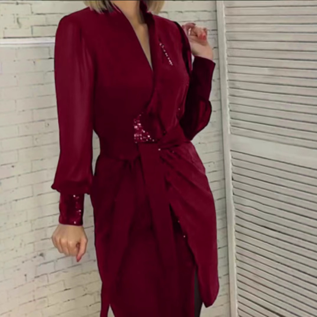 Elegant V-Neck Long Sleeve Midi Dress
