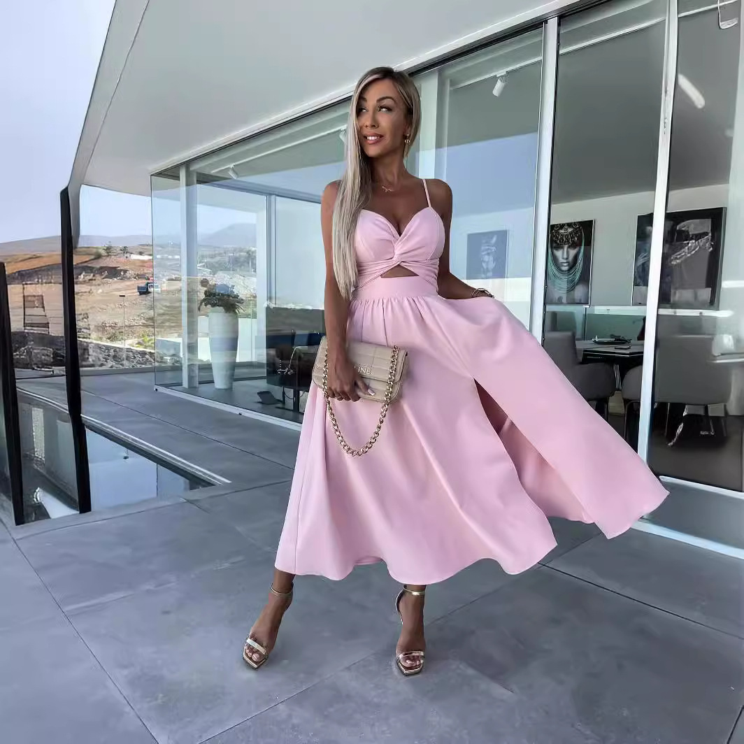 Deep V Cutout High Slit Cami Maxi Dress