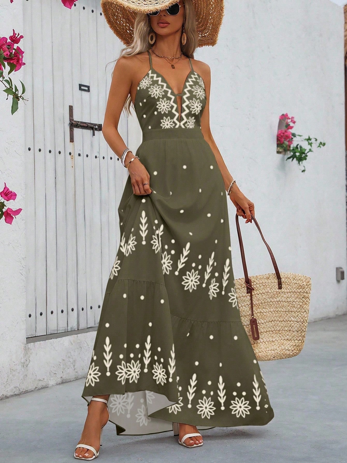 Floral Print Backless Halter Maxi Dress with Short Sleeves and Flowy Skirt
