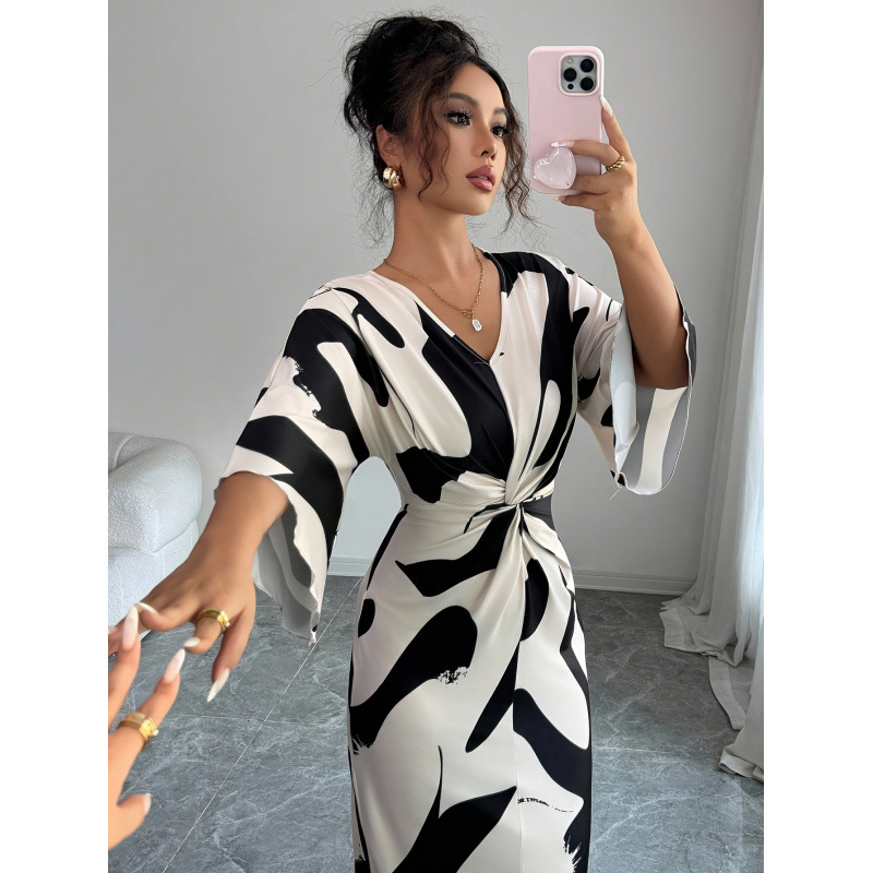 Apricot Print Knit V-Neck Tie-Waist Bodycon Dress with Asymmetric Hem