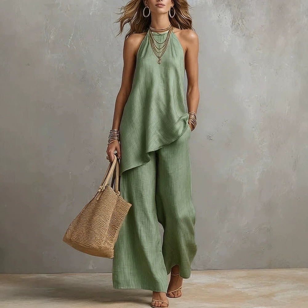 Women's Casual Round Neck Tank Top and Long Pants Set Multi-Color