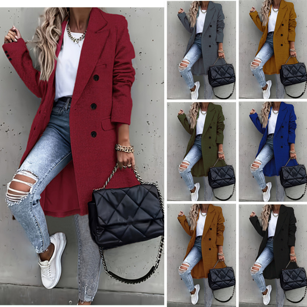 Women's Mid-Length Double-Breasted Wool-Blend Coat Plus Size