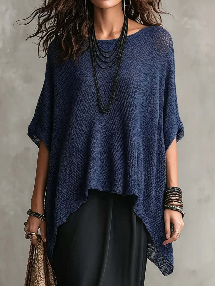 Women's Open Knit Top with Round Neck, Asymmetrical Hem, and Dolman Sleeves