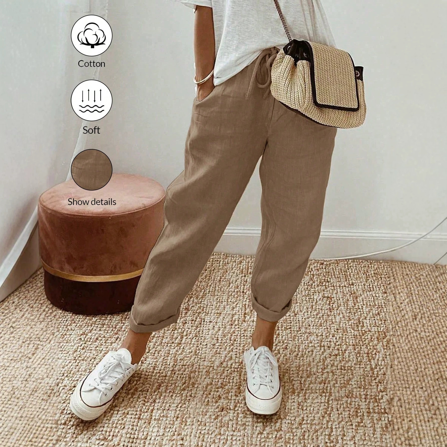 Cotton-Linen High-Waist Wide-Leg Cropped Pants Breathable Straight Tapered