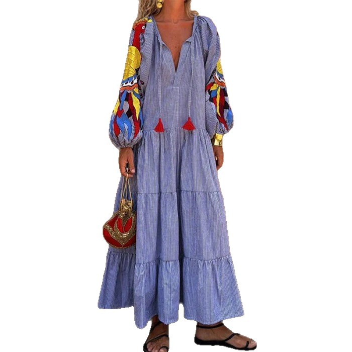 Women's Long Sleeve V-Neck Digital Print Maxi Dress