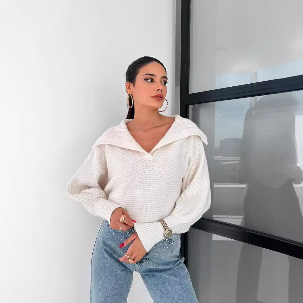 Women's Loose Lantern Sleeve Open Collar Pullover Cropped Sweater