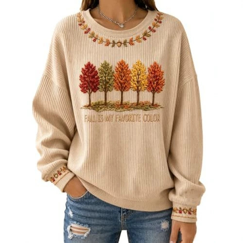 Women's Tree & Maple Leaf Print Crewneck Sweatshirt Casual Pullover