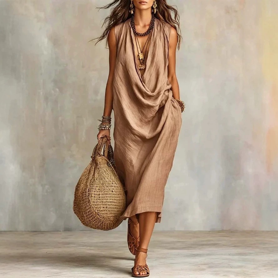Women's Casual Draped Neck Cotton Linen Dress Loose Sleeveless Vacation Dress