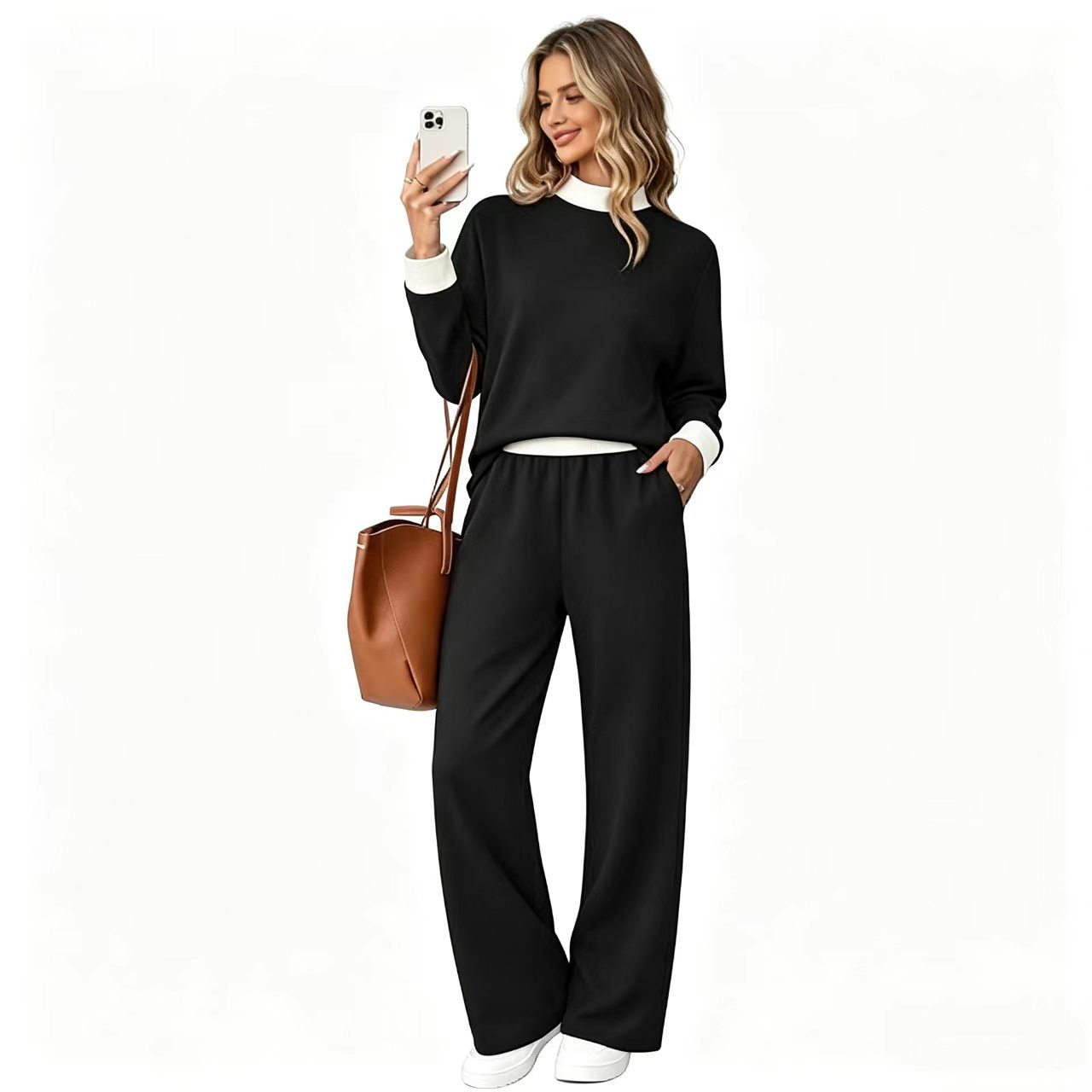 Women's Colorblock Striped Two-Piece Set with High-Waist Wide-Leg Pants