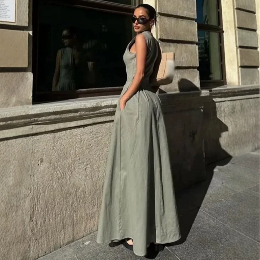 Women's Sleeveless Front Zip Midi Dress Solid Slim Fit