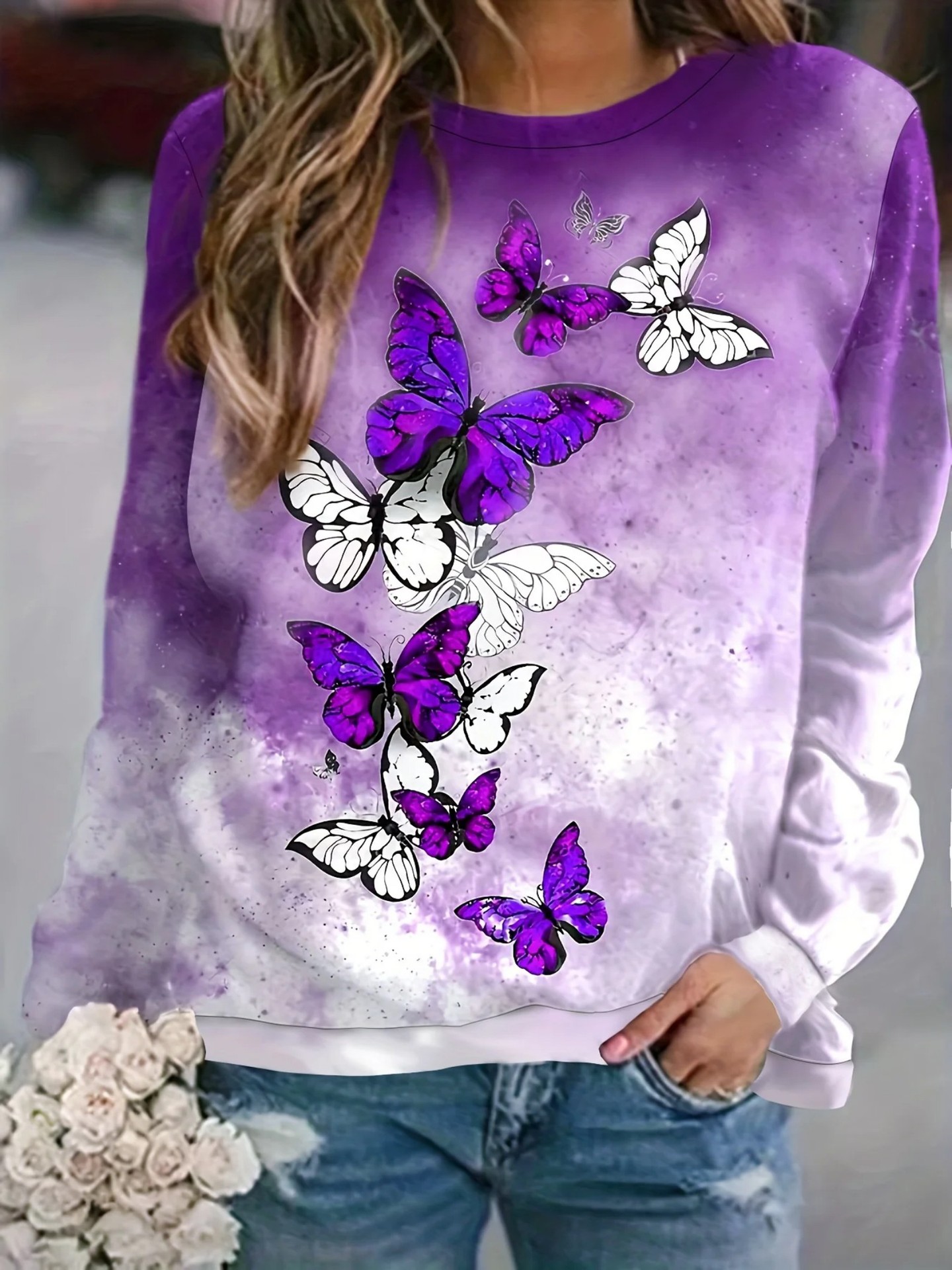Women's Floral Butterfly Print Crewneck Sweatshirt