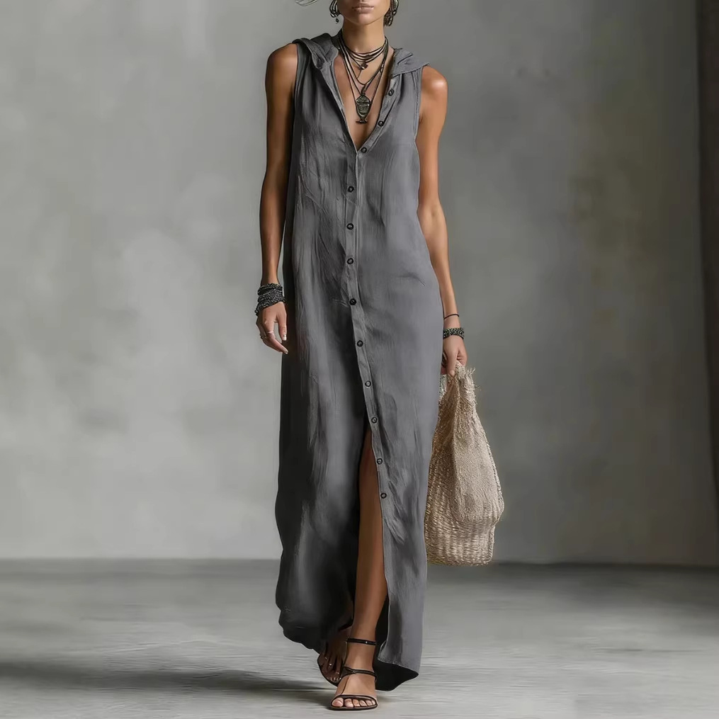Women's Casual Loose Sleeveless Hooded Maxi Dress Single-Breasted