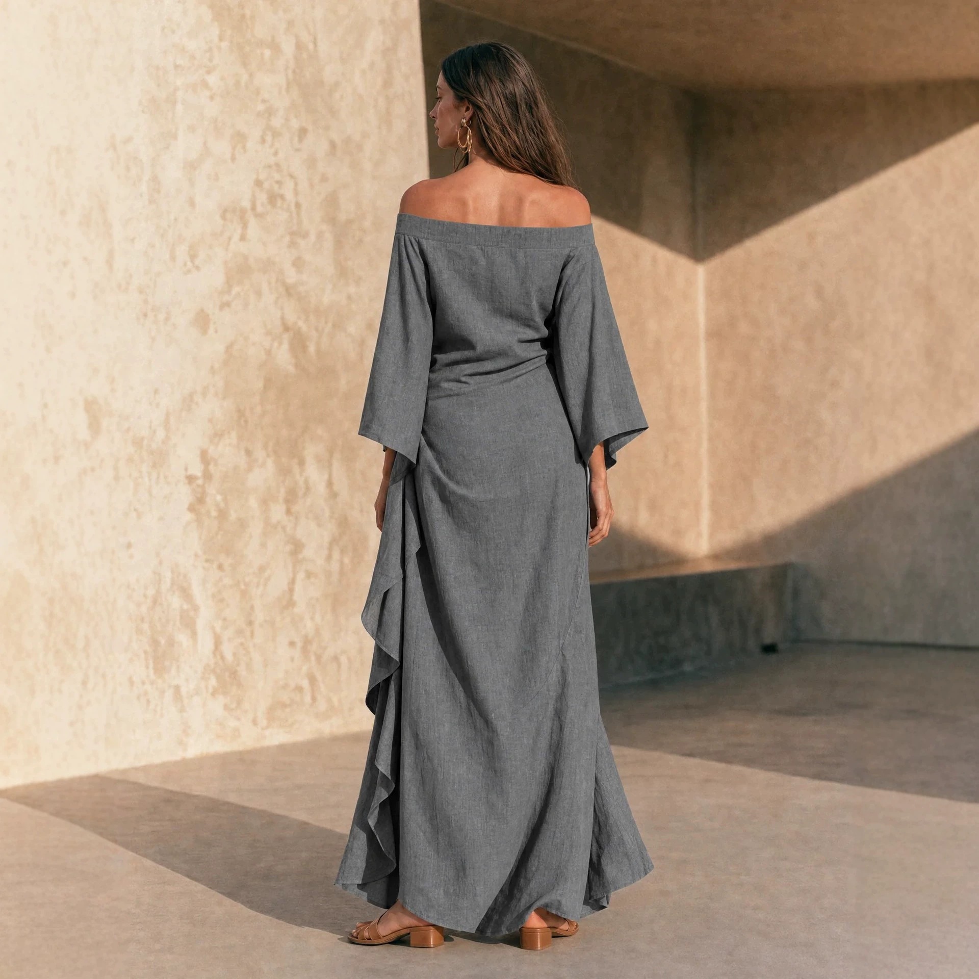Off-Shoulder Batwing Sleeve Asymmetrical High-Waist Maxi Dress