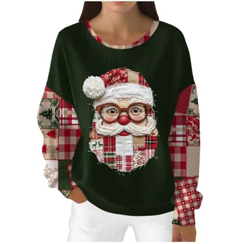 Women's Christmas Santa Plaid Print Sweatshirt with Cartoon Glasses
