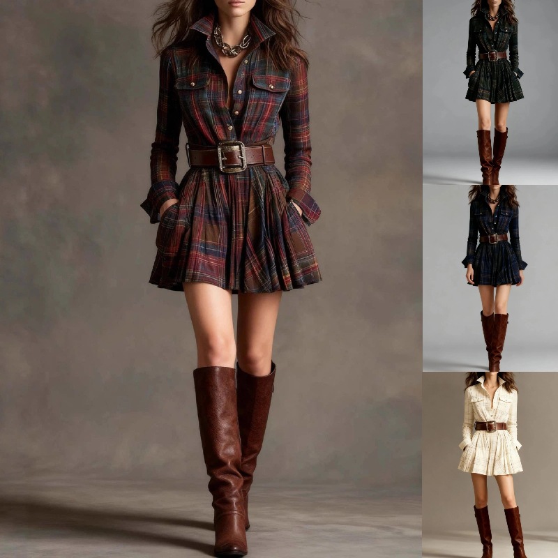 Retro Plaid A-Line Dress with Pockets and Belt